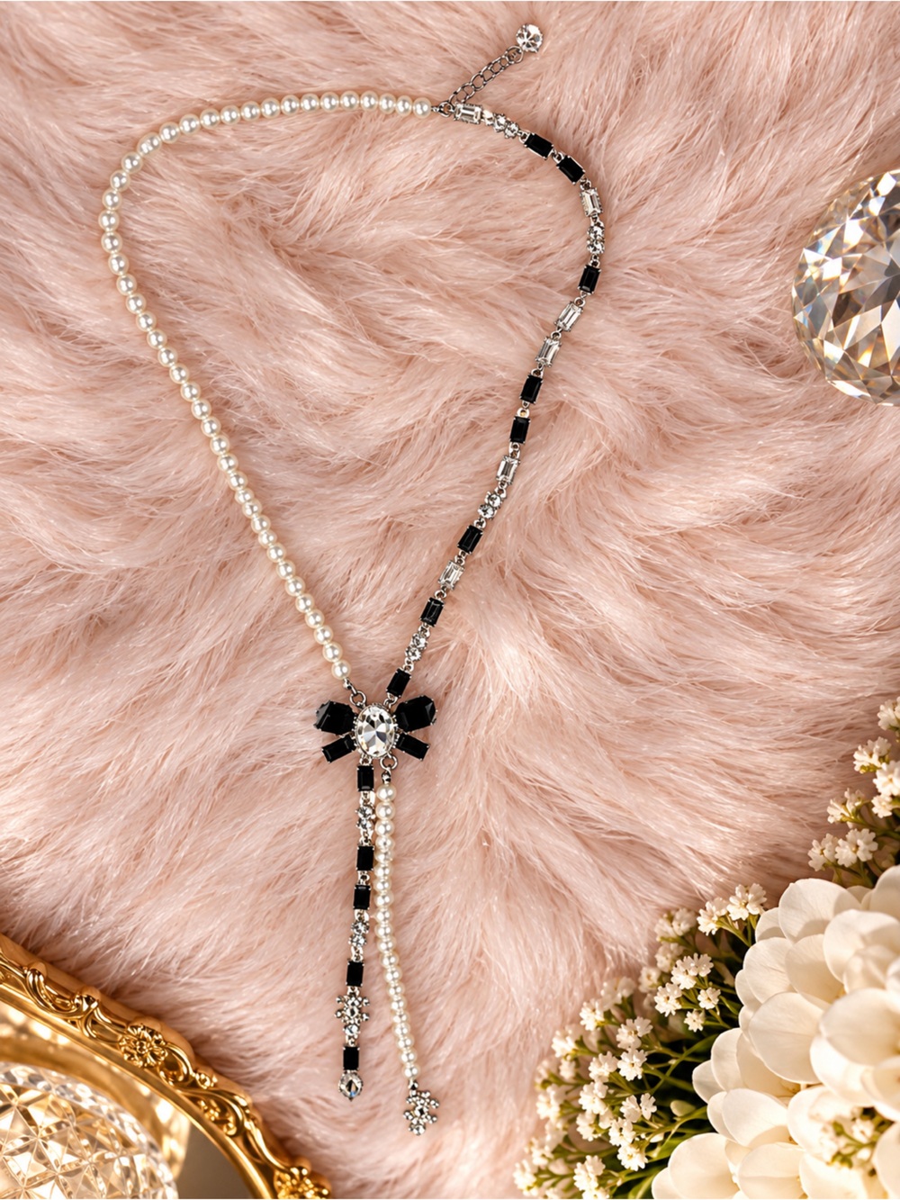 Source Unknown Pearl and Black Crystal Bow Drop Necklace